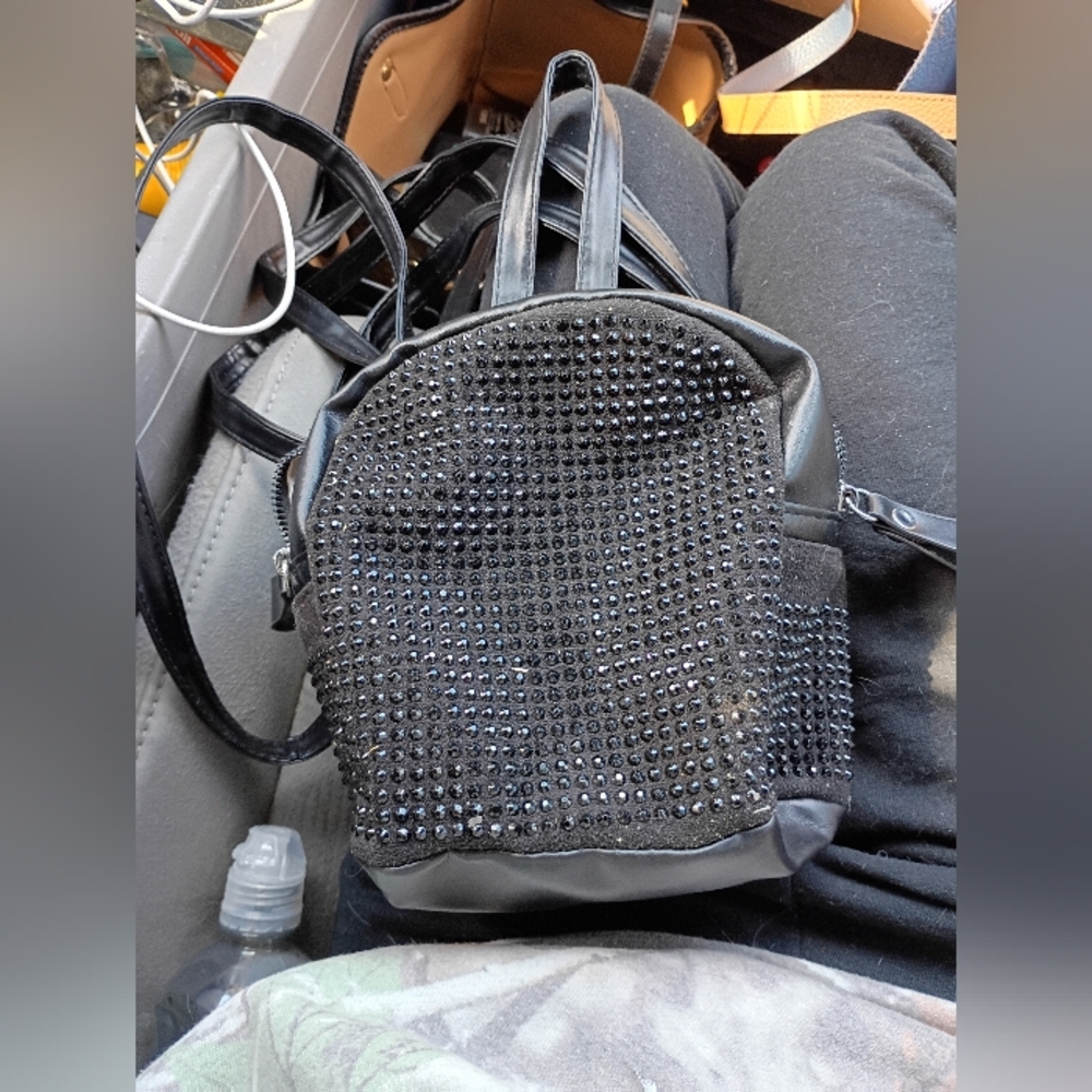 Black Studded Vegan Leather Mini Bookbag  W/ Adjustable Straps